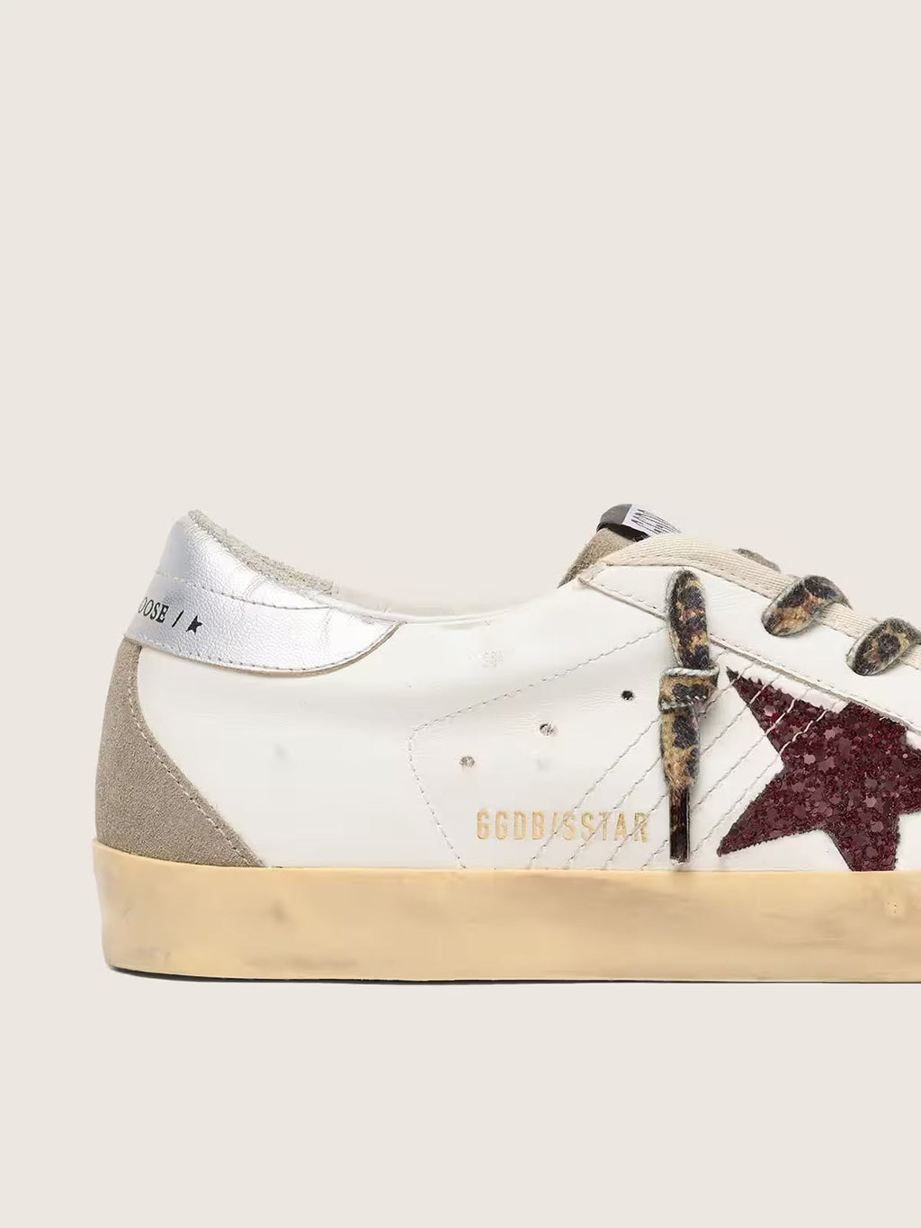 Superstar with burgundy glitter star and silver heel counter