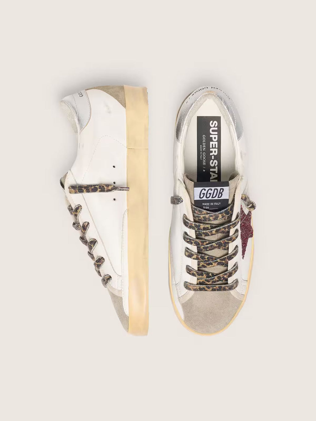 Superstar with burgundy glitter star and silver heel counter